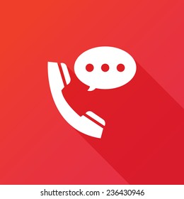 Talking by phone auricular symbol with speech bubble. Phone and bubble speech icon. Flat icon with long shadow