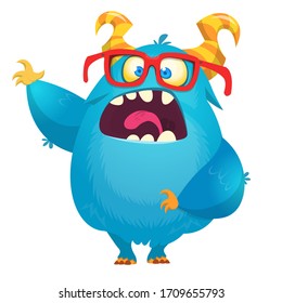 Talking cartoon blue monster with eyeglasses. Vector Halloween illustration