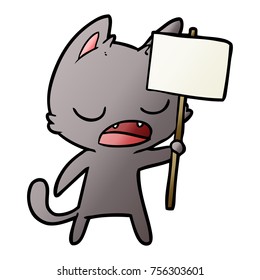 caricatura de gato hablante con cartel