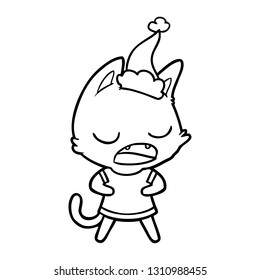 talking cat hand drawn line drawing of a wearing santa hat