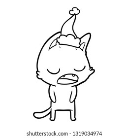 dibujo de la línea dibujada a mano de un gato que lleva puesto un sombrero santa