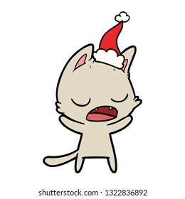 talking cat hand drawn line drawing of a wearing santa hat