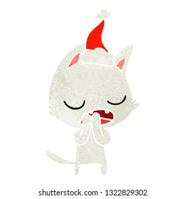 talking cat hand drawn retro cartoon of a wearing santa hat