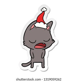 talking cat hand drawn sticker cartoon of a wearing santa hat