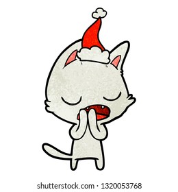 talking cat hand drawn textured cartoon of a wearing santa hat