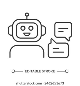 Icono lineal de chatbot parlante. Chatbot, asistente inteligente moderno. industria de la Educación. IA conversacional. Ilustración de línea fina. Símbolo de contorno. dibujo de contorno de Vector. Trazo editable