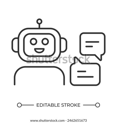 Talking chatbot linear icon. Chatbot, modern smart assistant. Education industry. Conversational AI. Thin line illustration. Contour symbol. Vector outline drawing. Editable stroke