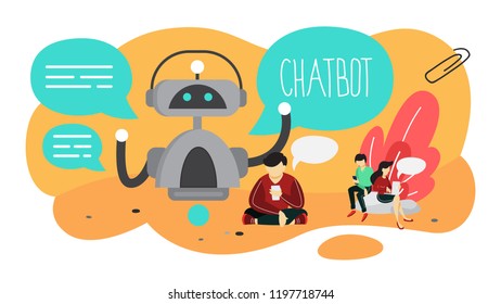 Talking to a chatbot online on digital device. Communication with a chat bot on the phone or computer. Customer service and support. Artificial intelligence concept. Isolated vector flat illustration
