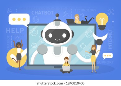 Talking to a chatbot online on laptop computer. Communication with a chat bot. Customer service and support. Artificial intelligence concept. Isolated vector flat illustration
