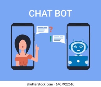 Talking to a chatbot online on mobile phone. Communication with a chat bot. Customer service and support. Artificial intelligence concept. Flat vector illustration.