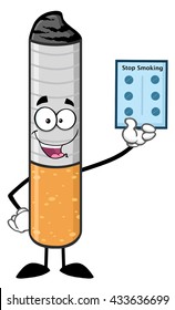 Talking Cigarette Cartoon Mascot Character Holding Up A Blister Pills For Stop Smoking. Vector Illustration Isolated On White Background