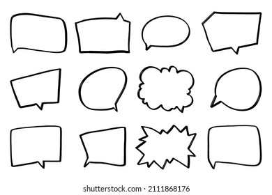 Talking cloud icons. Dialog box icon, chat cartoon bubbles. Hand drawn set. Bubble dialog doodle vector line