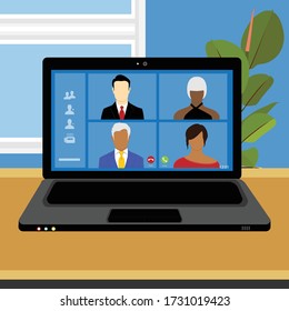 Talking to colleagues about plan in video conference. Multiethnic business team using laptop for a online meeting in video call. Group of people smart working from home