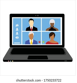 Hablando con colegas sobre el plan en videoconferencia. Equipo multiétnico de negocios usando laptop para una reunión en línea en videollamada. Grupo de personas inteligentes trabajando desde casa