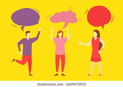 Talking couple with communication chat and think bubble cartoon boy and girl with comment cloud speech blank sharing information adult comic dialog family message communication

