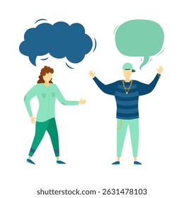 Talking couple with communication chat and think bubble cartoon boy and girl with comment cloud speech blank sharing information adult comic dialog family message communication

