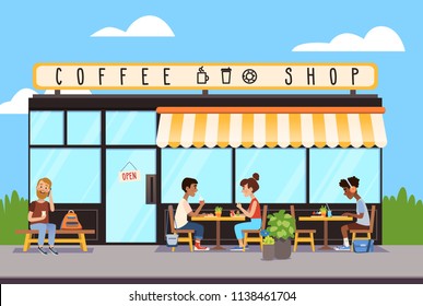 Talking couple, working guy, and talking on phone man are sitting in a street cafe. Coffee shop exterior. Vector flat cartoon illustration.