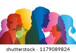 Talking crowd. Dialogue between people. Colored silhouette profiles. Multiple exposure vector