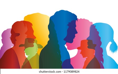 Talking Crowd. Dialogue Between People. Colored Silhouette Profiles. Multiple Exposure Vector