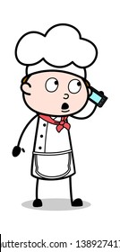 Talking with Customer on Call - Cartoon Waiter Male Chef Vector Illustration﻿