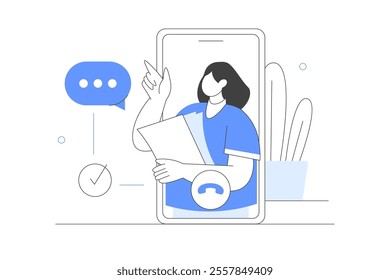 Talking with customer support on smartphone. Female customer service agent helping to client. Online customer support and helpdesk concept. Flat Cartoon Vector Illustration, icon. Stylish abstract