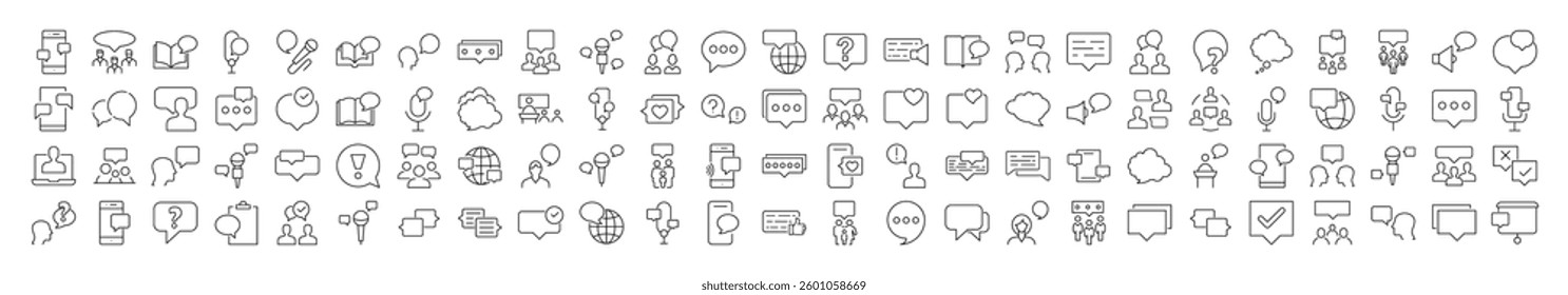 Talking and Dialogue Bundle of Related Line Icons. Speech Bubble Outline Signs for Graphic and Web Design, Apps, Adverts, Various Cards