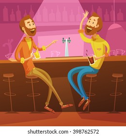 Talking and drinking friends in the bar background with chairs and beer cartoon vector illustration 