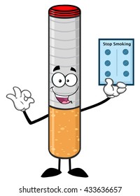 Talking Electronic Cigarette Cartoon Mascot Character Holding Up A Blister Pills For Stop Smoking. Vector Illustration Isolated On White Background