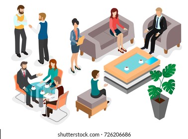 Talking employees at a business meeting in the lobby of the office or meeting room, at a table, over a cup of coffee. Isometric vector image.