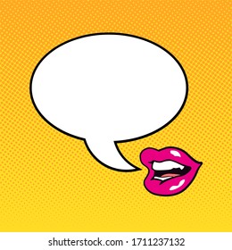 Talking female lips with a dialog cloud in pop art style. Vector illustration.