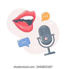 Talking female mouth, microphone and speech bubbles. Podcast concept. Flat vector illustration