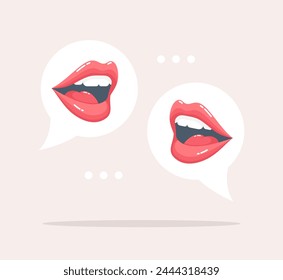 Talking female mouths in speech bubbles on a beige background. Flat vector illustration