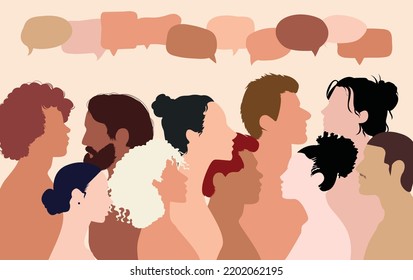 Talking with friends. Vector cartoon profile. Social network and group of diverse people. Concept communication. Friends chatting.