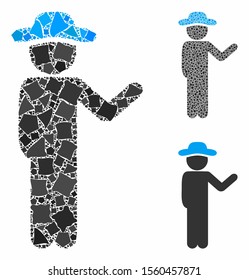 Talking gentleman mosaic of irregular items in different sizes and shades, based on talking gentleman icon. Vector rugged items are composed into mosaic.