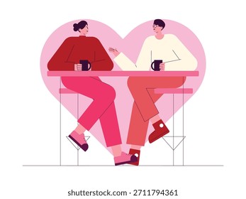 Hablando con su novia casualmente mientras bebe, Ilustración vectorial de dibujos animados romántica.