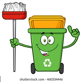 Talking Green Recycle Bin Cartoon Mascot Character Pointing To A Open Lid. Vector Illustration Isolated On White Background