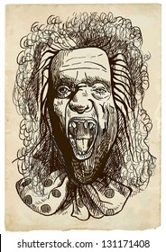 Talking head from beyond the grave. /// An hand drawing converted into vector. Vector is editable in five layers. Black and gray outlines on old paper texture.