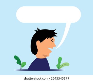 Talking Head of a Happy Young Man Side View with Speech Bubble. People and dialogue, emotion vector art