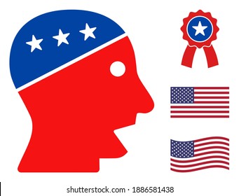 Icono de la cabeza hablando en colores azul y rojo con estrellas. El estilo de ilustración de la cabeza hablada utiliza los colores oficiales americanos de los partidos políticos demócratas y republicanos y formas estelares.