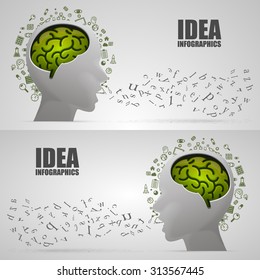 Talking head with icons, Creative idea head green brain, Head fly icon, Vector illustration
