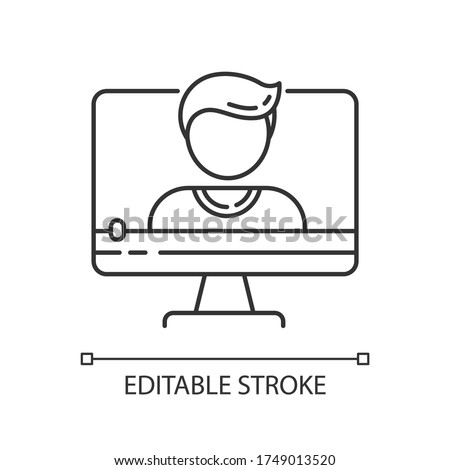 Talking head video pixel perfect linear icon. Online interview. Video chat conversation. Thin line customizable illustration. Contour symbol. Vector isolated outline drawing. Editable stroke
