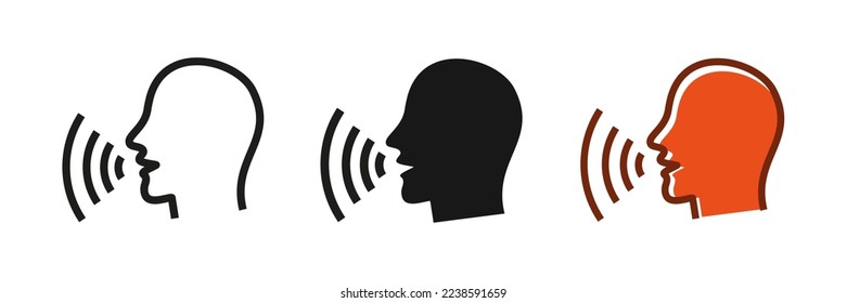 Talking human side profile icons. sound waves. Voice recognition, singing, Voice control, noise concept. Conversion icon. Podcast icon. Vector illustration.