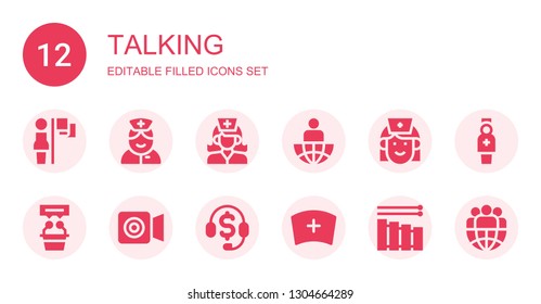 talking icon set. Collection of 12 filled talking icons included Leadership, Nurse, Leader, Interview, Facetime, Telemarketing, Vibraphone