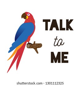 Talking jungle parrot sitting on a branch. Isolated clip art, flat vector illustration in eps10 format.