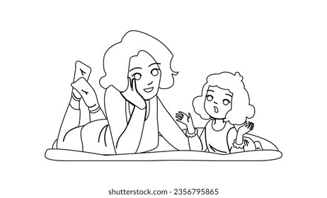 talking kid mother vector. parent daughter, family girl, love happy, talk woman, young conversation talking kid mother character. people black line illustration