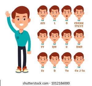 Talking lips sync animation. Cartoon vector speaking mouth and boy portrait isolated. Character animation talk mouth, boy expression speech illustration