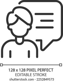 Talking man with chat bubble pixel perfect linear icon. Person performing speech. Communication channel. Thin line illustration. Contour symbol. Vector outline drawing. Editable stroke