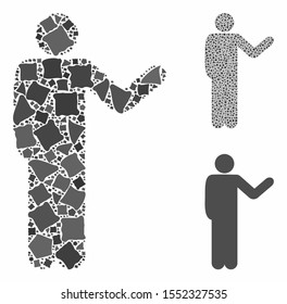 Talking man composition of abrupt elements in different sizes and color tones, based on talking man icon. Vector abrupt elements are composed into composition.