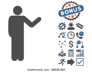 Talking Man pictograph with bonus pictograph collection. Vector illustration style is flat iconic bicolor symbols, cobalt and gray colors, white background.