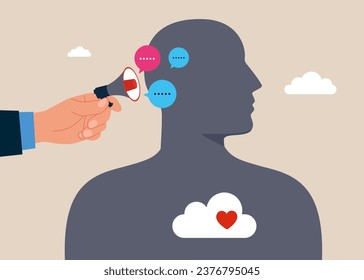 Talking message into loudspeaker. Hand with megaphone attracting attention. Flat vector illustration